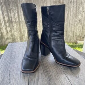 Franco Sarto L-Stevie Boots Women 7 M Black Leather Chunky Heel Side Zip Goth